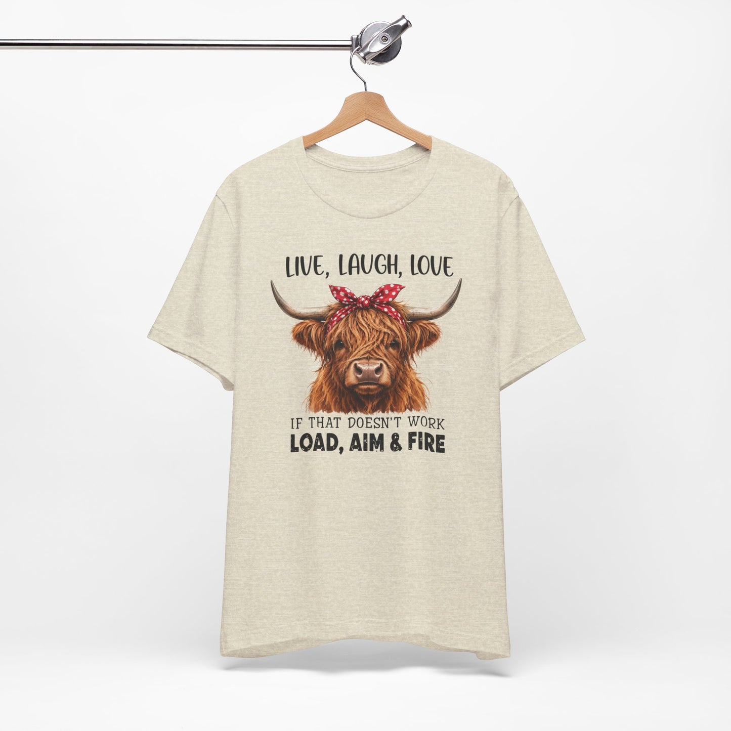 Load Aim Fire Highland Cow Graphic Tee