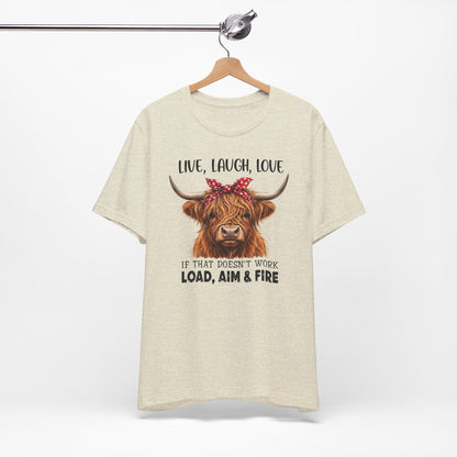 Load Aim Fire Highland Cow Graphic Tee