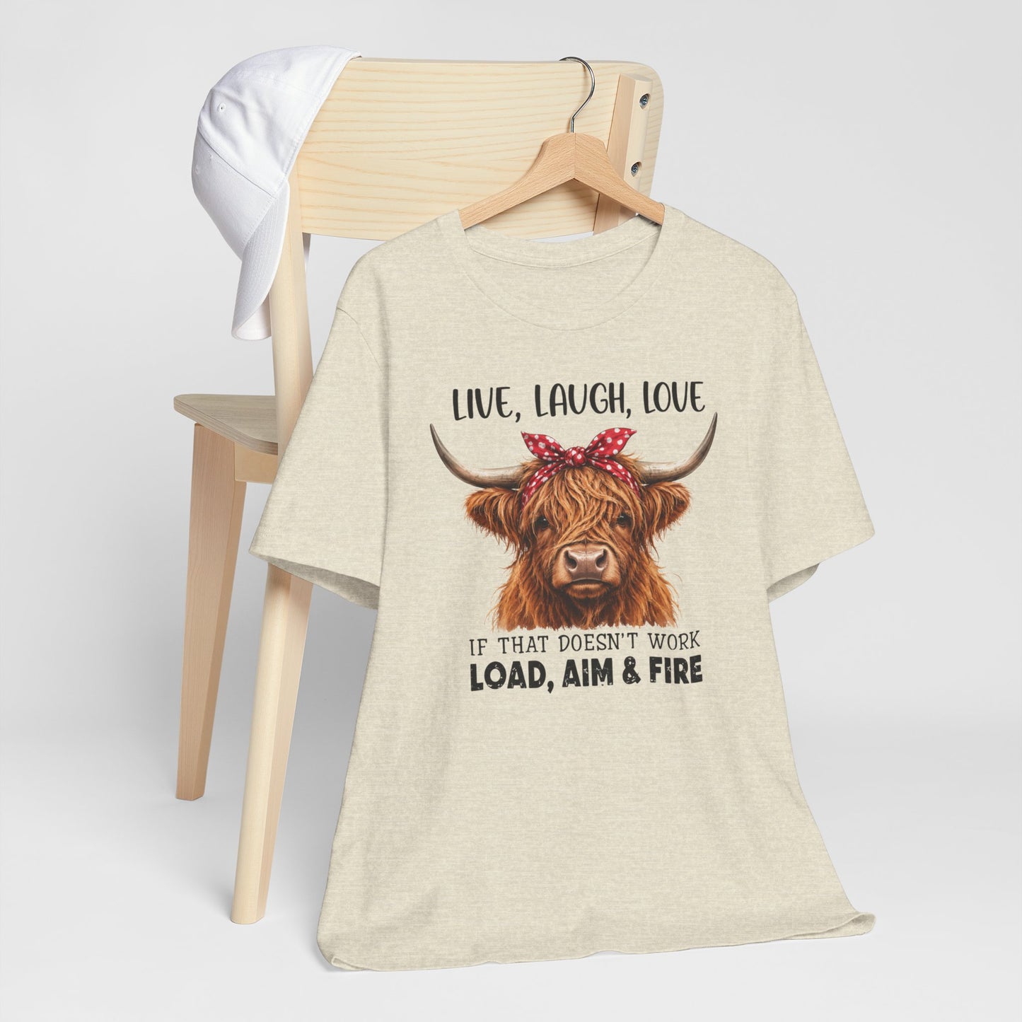 Load Aim Fire Highland Cow Graphic Tee