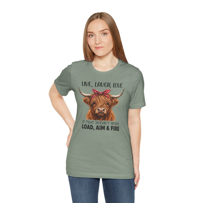 Load Aim Fire Highland Cow Graphic Tee