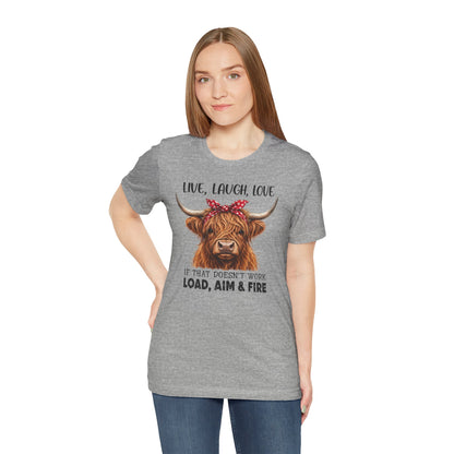 Load Aim Fire Highland Cow Graphic Tee