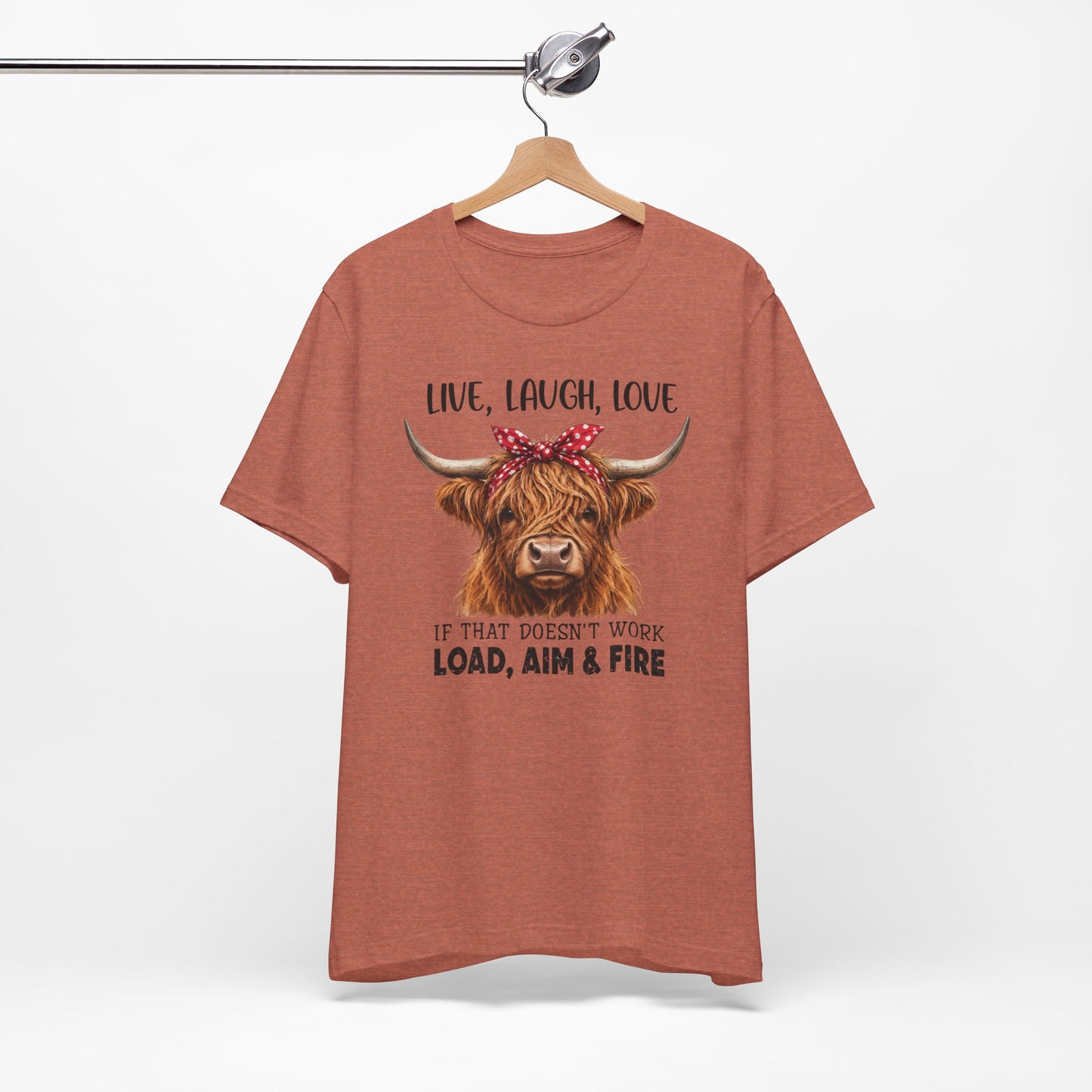 Load Aim Fire Highland Cow Graphic Tee