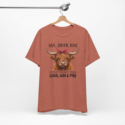 Load Aim Fire Highland Cow Graphic Tee