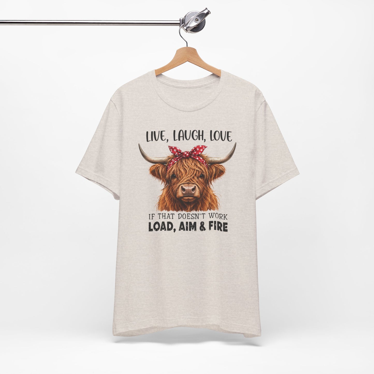 Load Aim Fire Highland Cow Graphic Tee