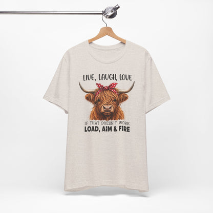 Load Aim Fire Highland Cow Graphic Tee