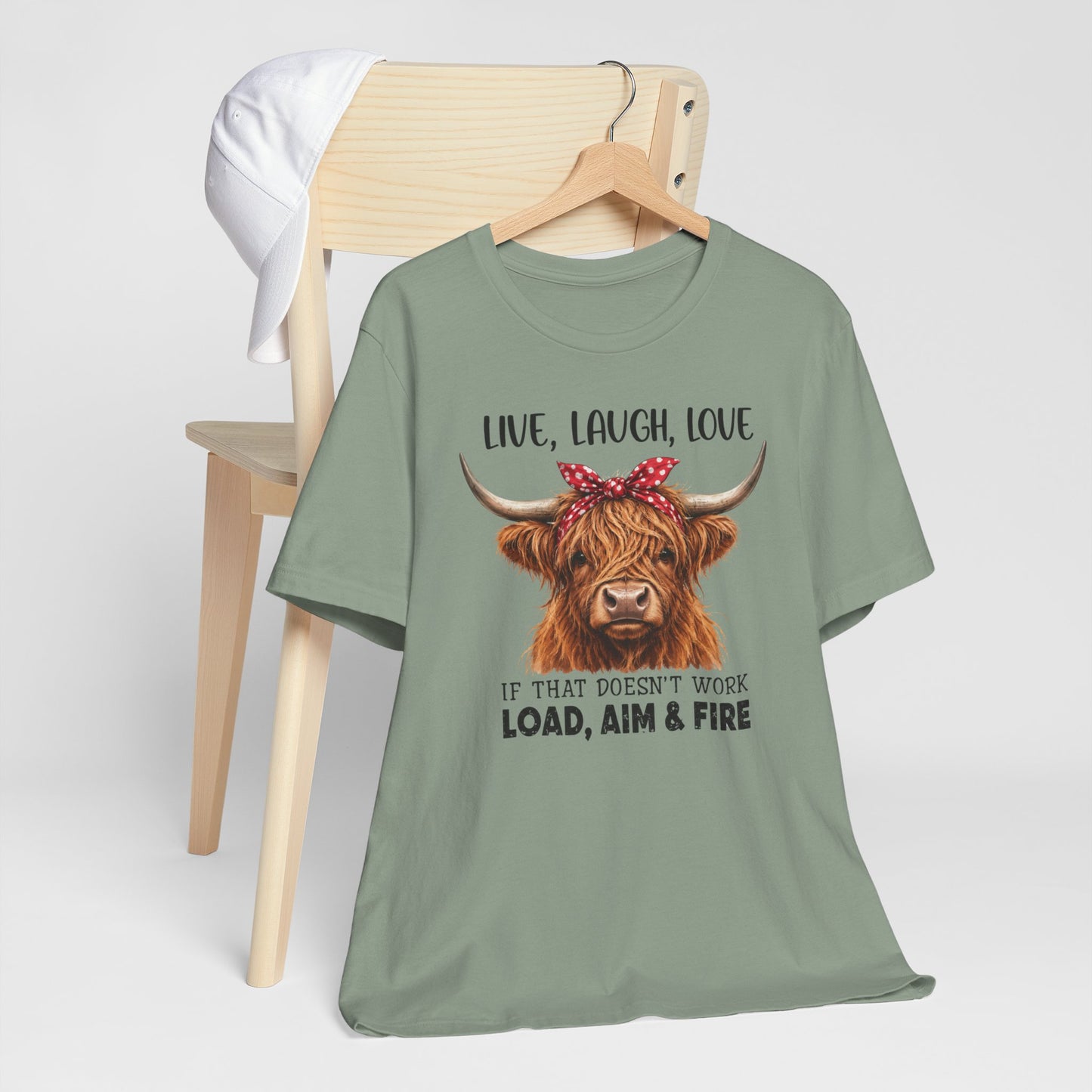Load Aim Fire Highland Cow Graphic Tee