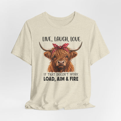 Load Aim Fire Highland Cow Graphic Tee