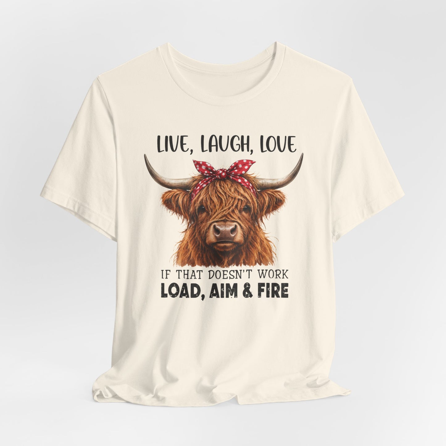 Load Aim Fire Highland Cow Graphic Tee