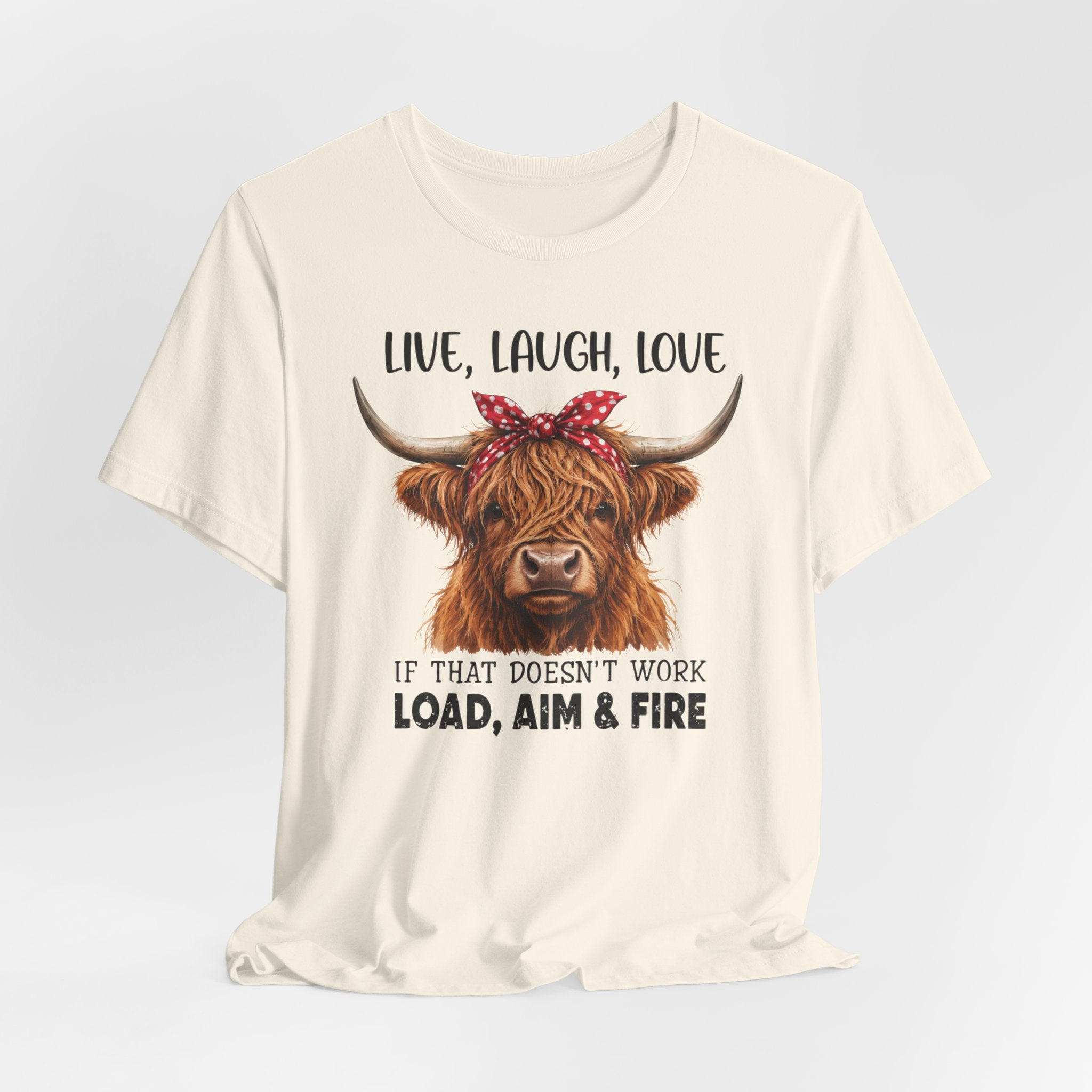 Load Aim Fire Highland Cow Graphic Tee