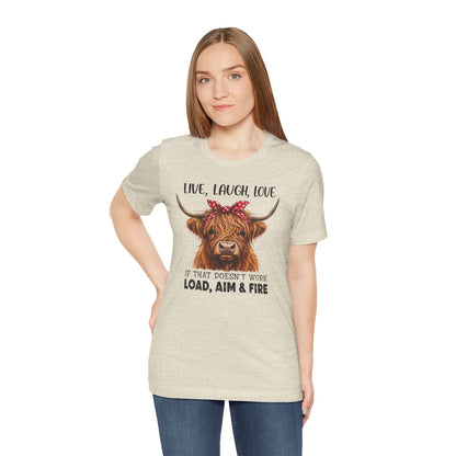 Load Aim Fire Highland Cow Graphic Tee