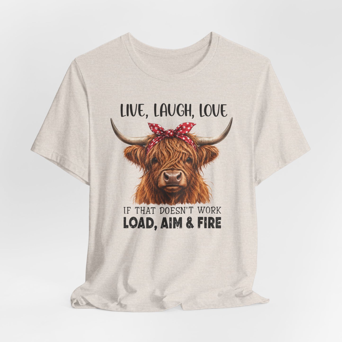 Load Aim Fire Highland Cow Graphic Tee