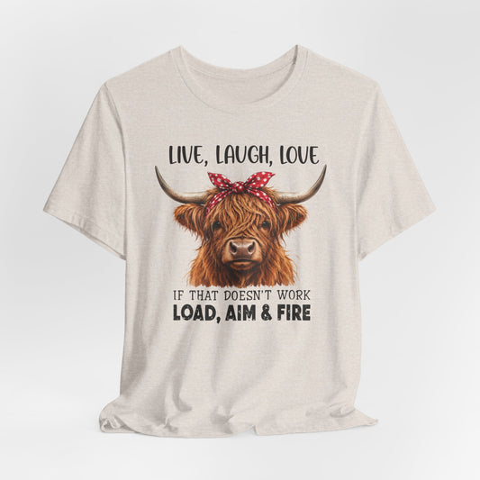 Load Aim Fire Highland Cow Graphic Tee