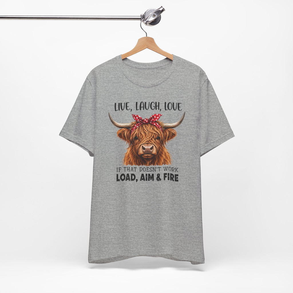 Load Aim Fire Highland Cow Graphic Tee