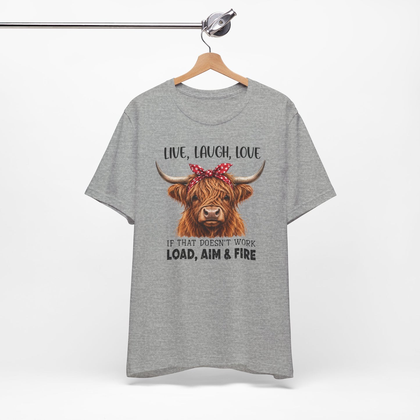 Load Aim Fire Highland Cow Graphic Tee
