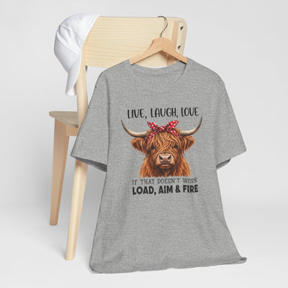 Load Aim Fire Highland Cow Graphic Tee