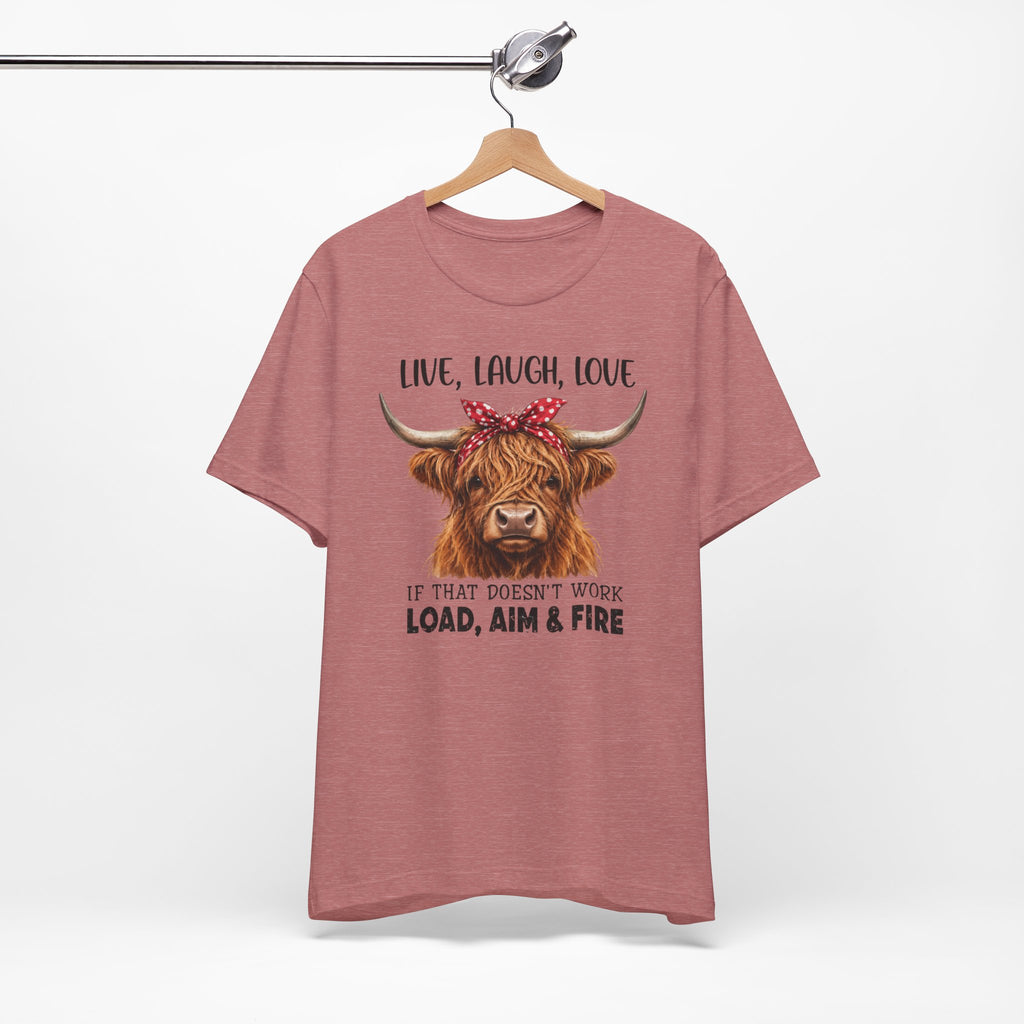Load Aim Fire Highland Cow Graphic Tee