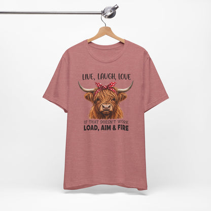 Load Aim Fire Highland Cow Graphic Tee
