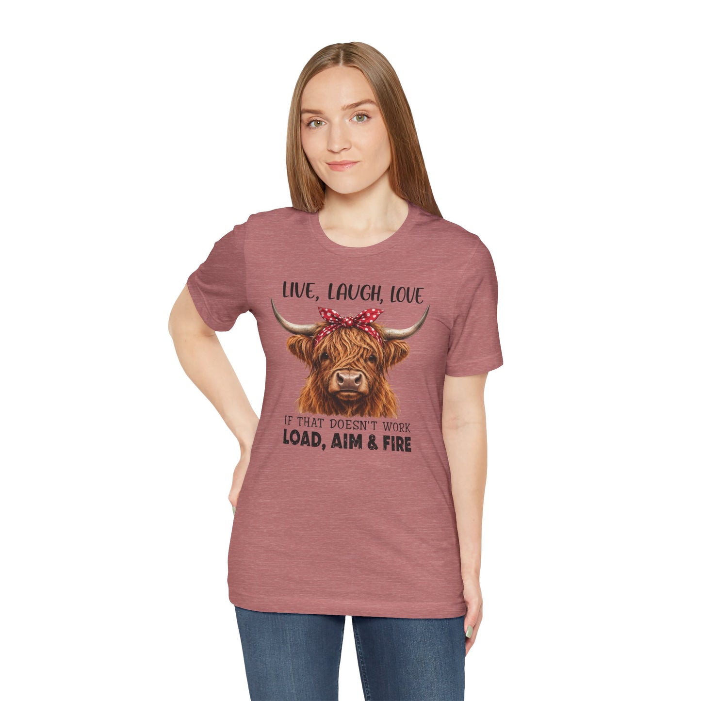Load Aim Fire Highland Cow Graphic Tee