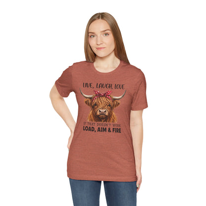 Load Aim Fire Highland Cow Graphic Tee