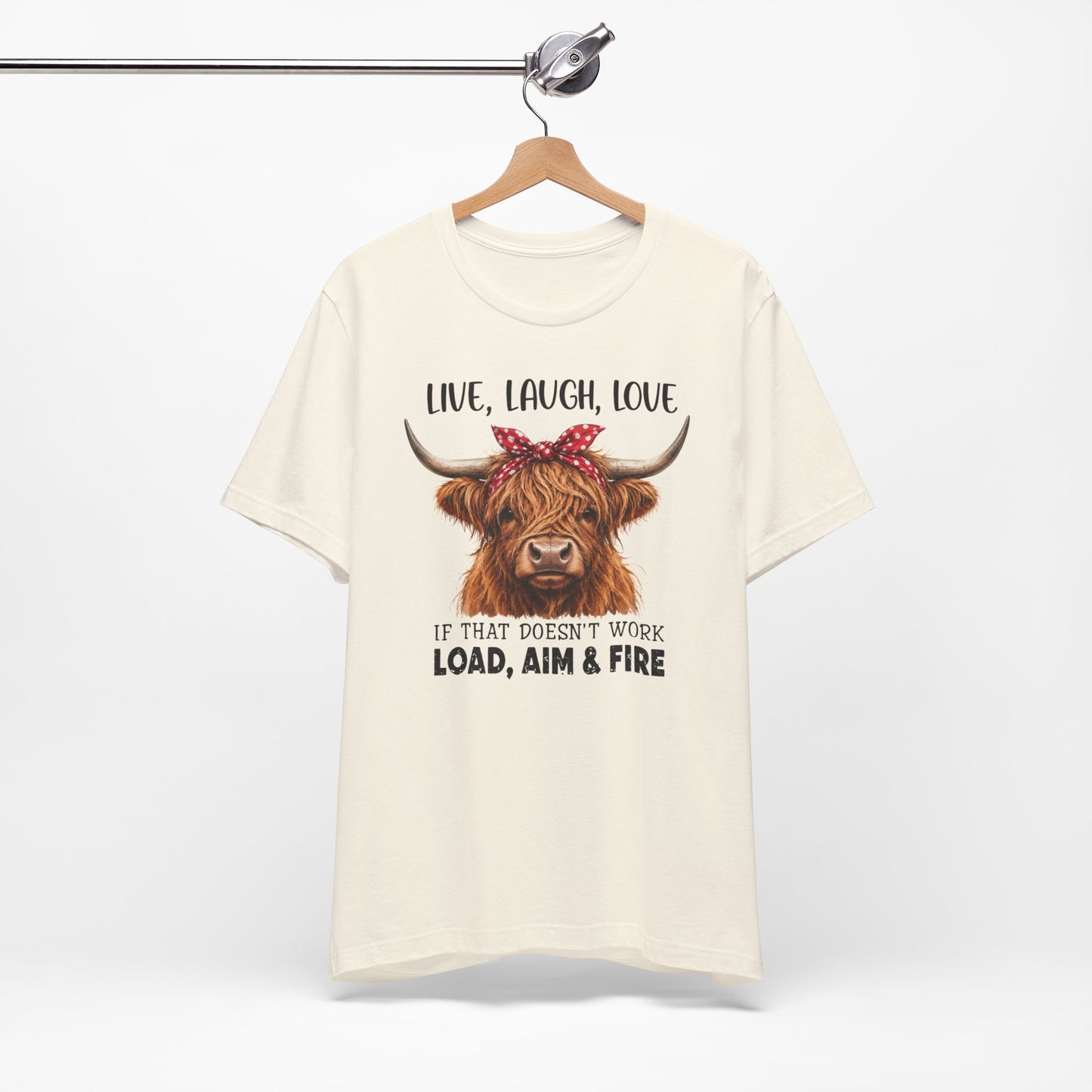 Load Aim Fire Highland Cow Graphic Tee