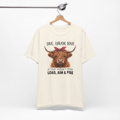 Load Aim Fire Highland Cow Graphic Tee
