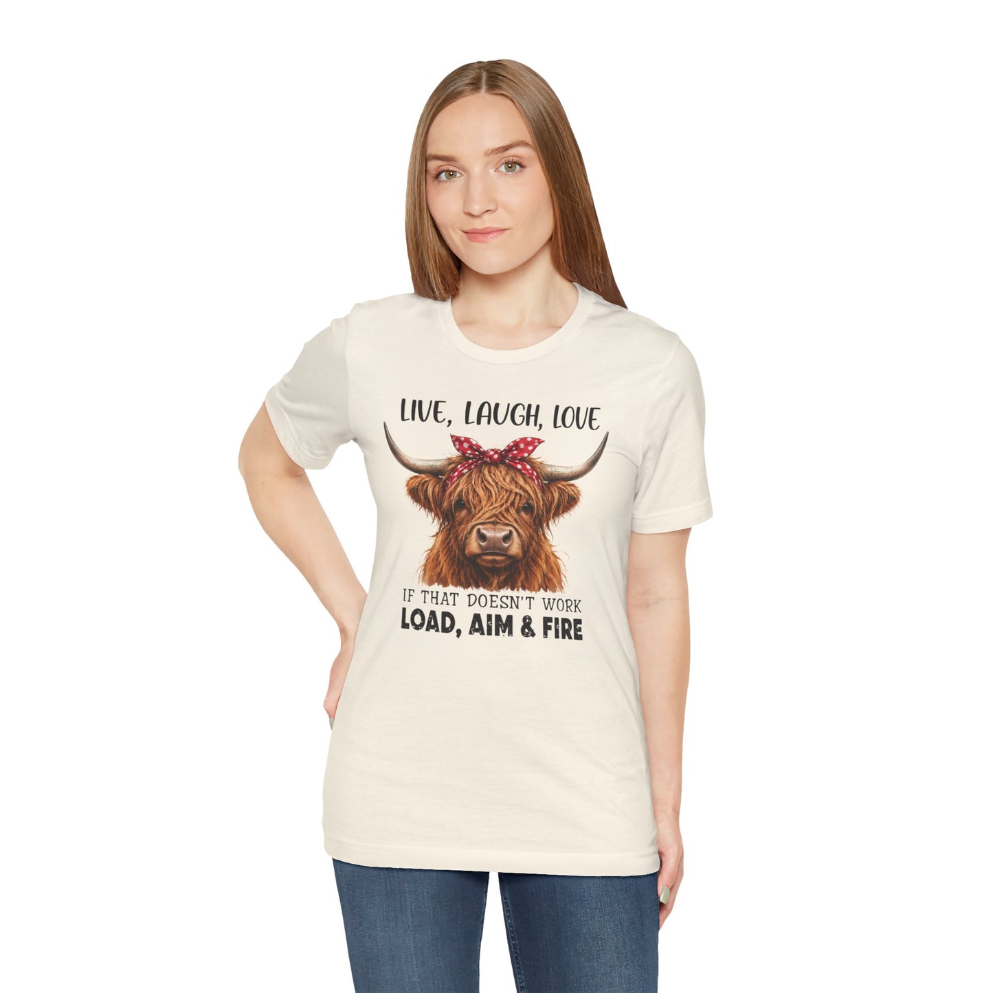 Load Aim Fire Highland Cow Graphic Tee