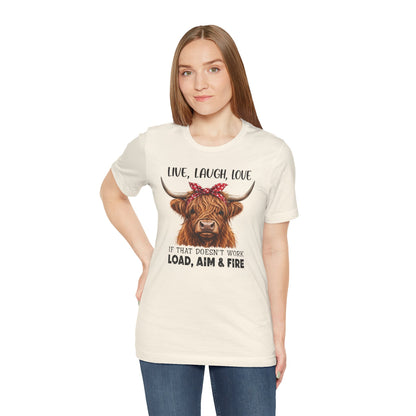 Load Aim Fire Highland Cow Graphic Tee