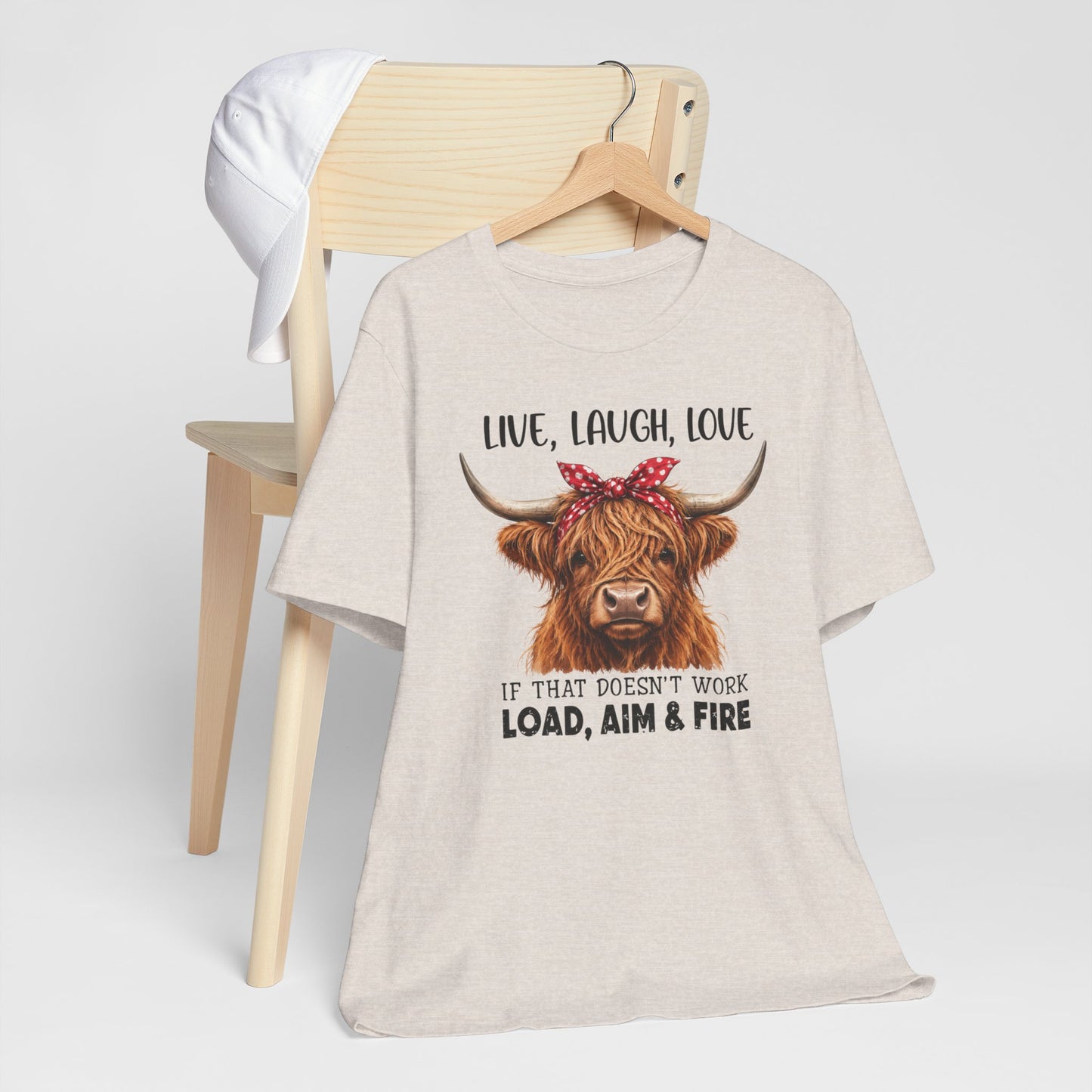 Load Aim Fire Highland Cow Graphic Tee