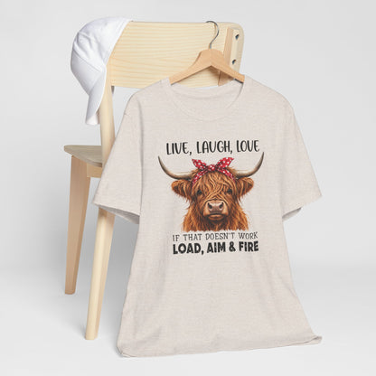 Load Aim Fire Highland Cow Graphic Tee