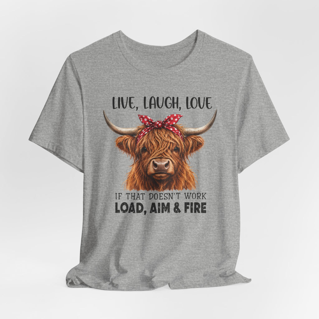 Load Aim Fire Highland Cow Graphic Tee