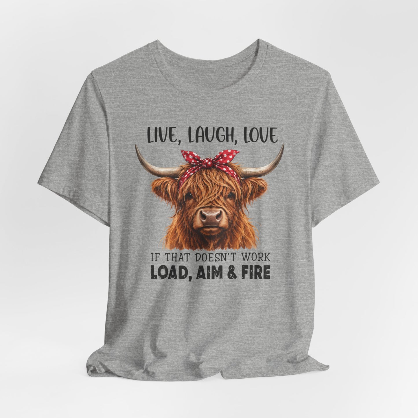 Load Aim Fire Highland Cow Graphic Tee