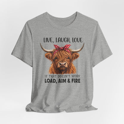 Load Aim Fire Highland Cow Graphic Tee