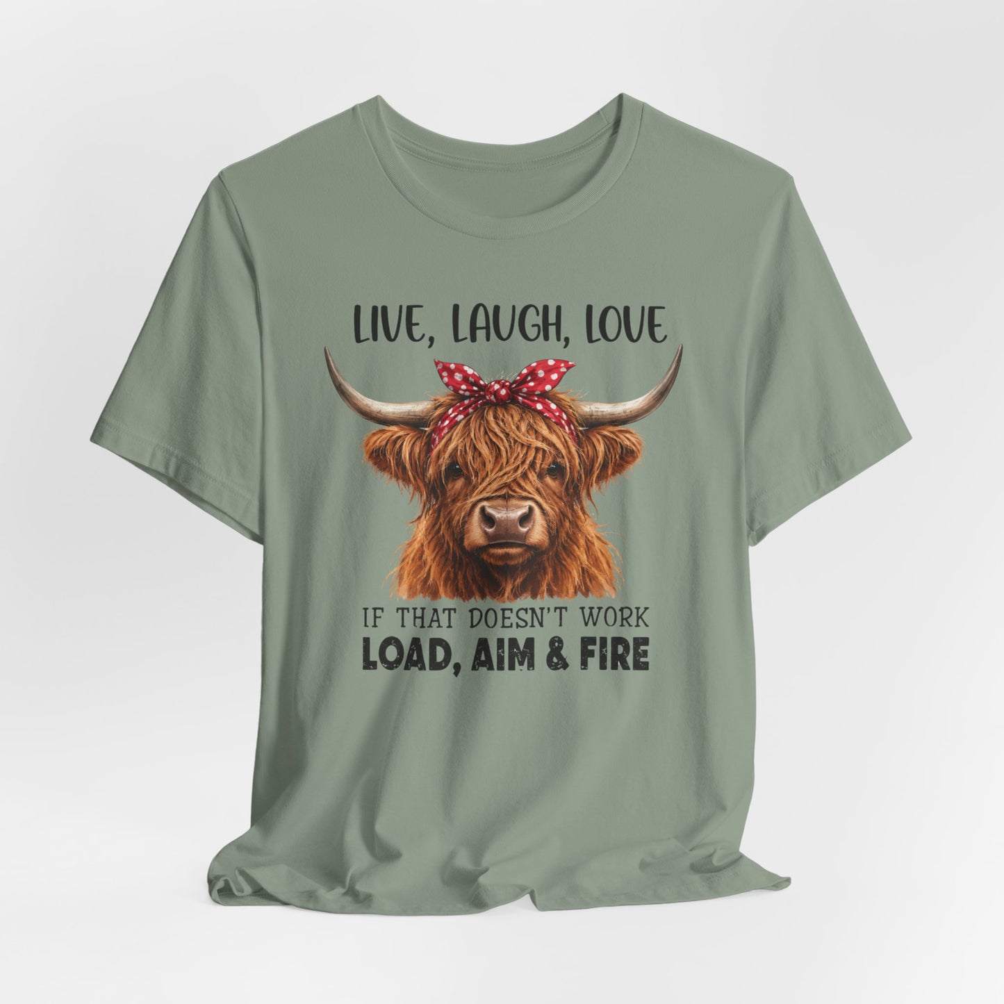 Load Aim Fire Highland Cow Graphic Tee
