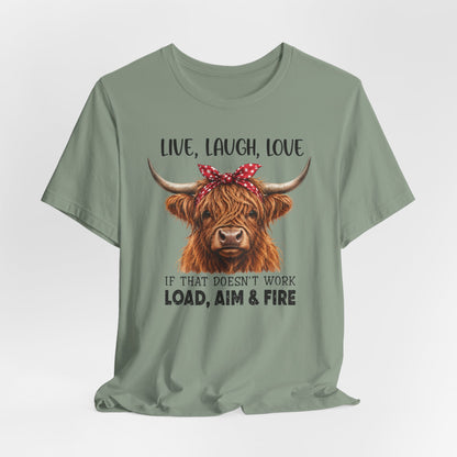 Load Aim Fire Highland Cow Graphic Tee