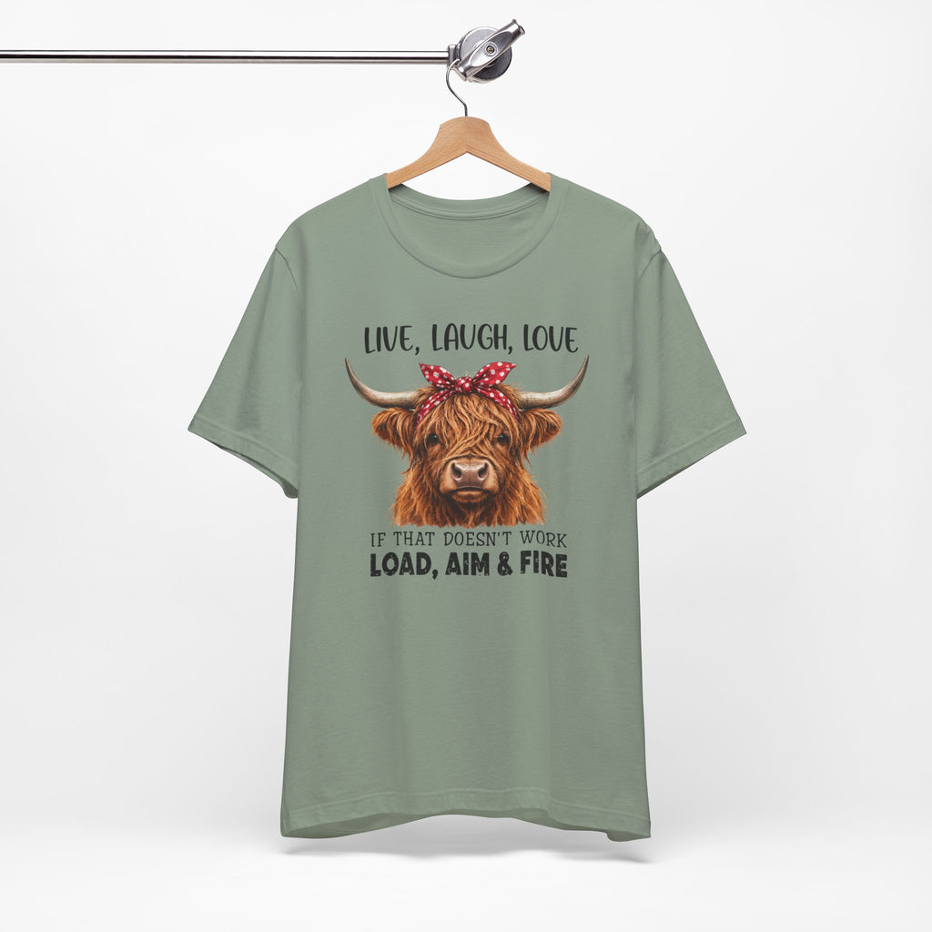 Load Aim Fire Highland Cow Graphic Tee