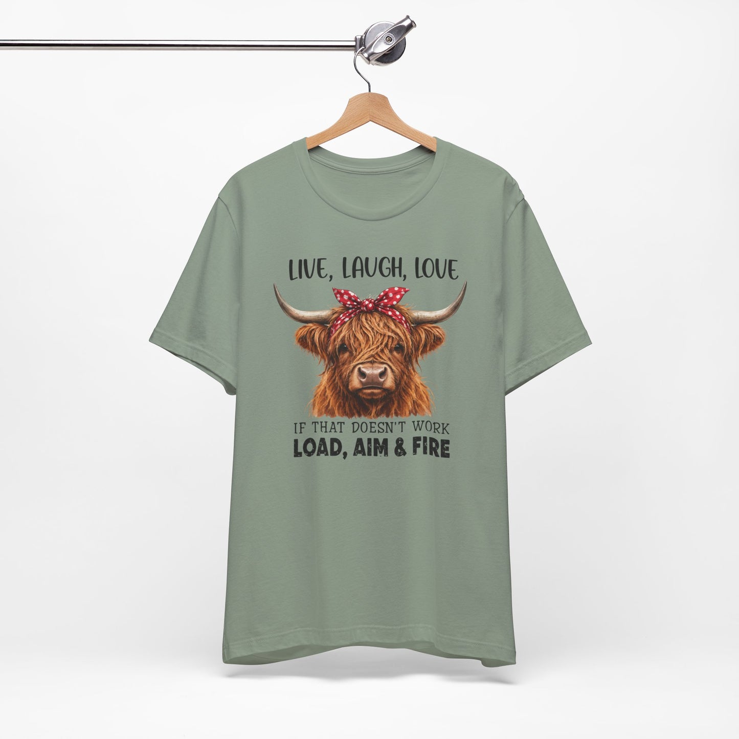 Load Aim Fire Highland Cow Graphic Tee