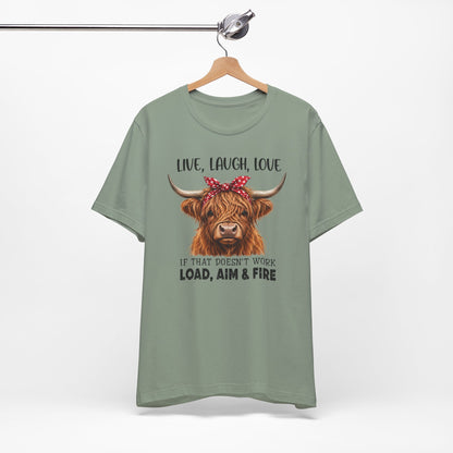 Load Aim Fire Highland Cow Graphic Tee