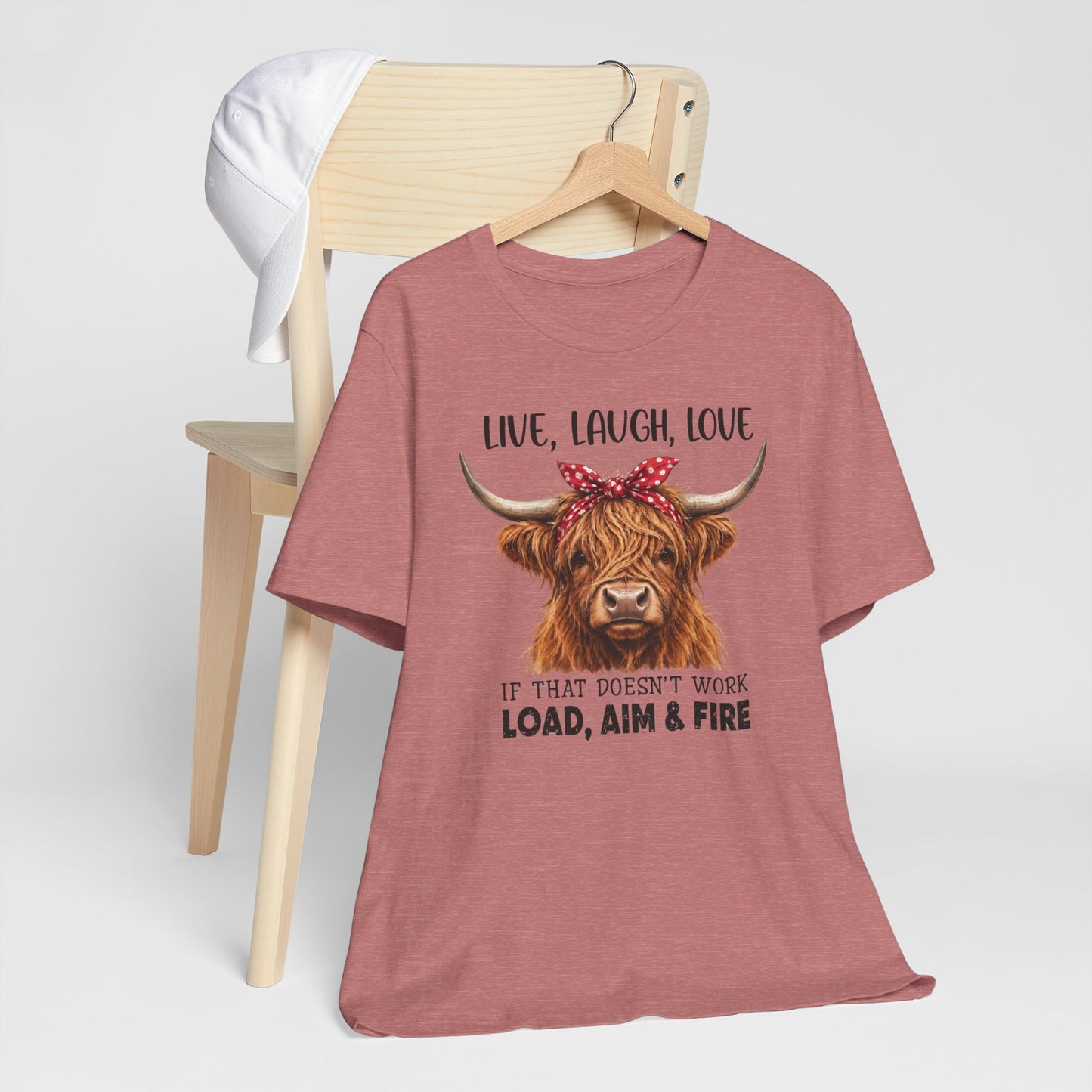 Load Aim Fire Highland Cow Graphic Tee