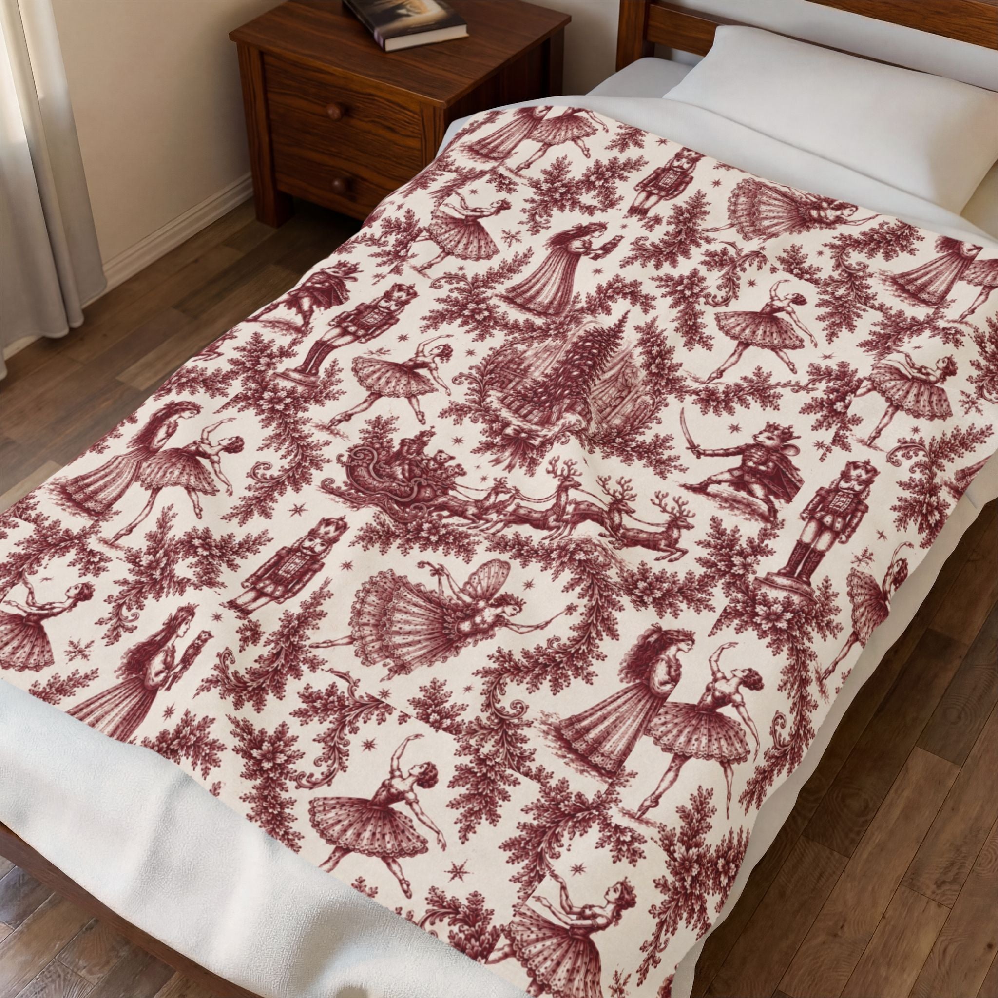 Nutcracker Cranberry Toile Plush Throw