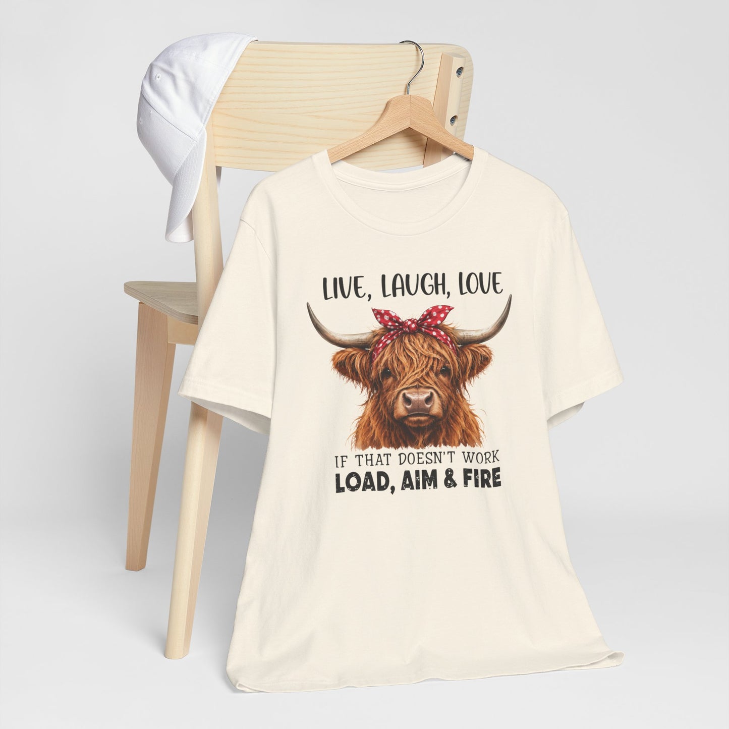 Load Aim Fire Highland Cow Graphic Tee