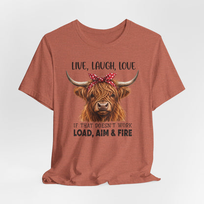 Load Aim Fire Highland Cow Graphic Tee
