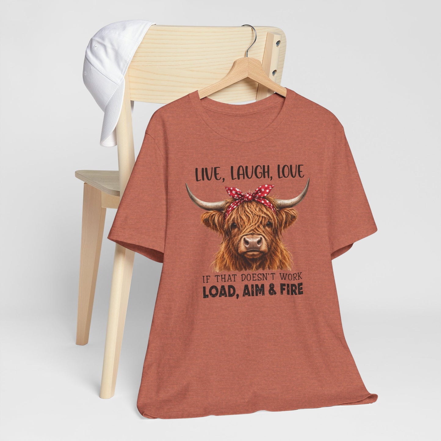 Load Aim Fire Highland Cow Graphic Tee