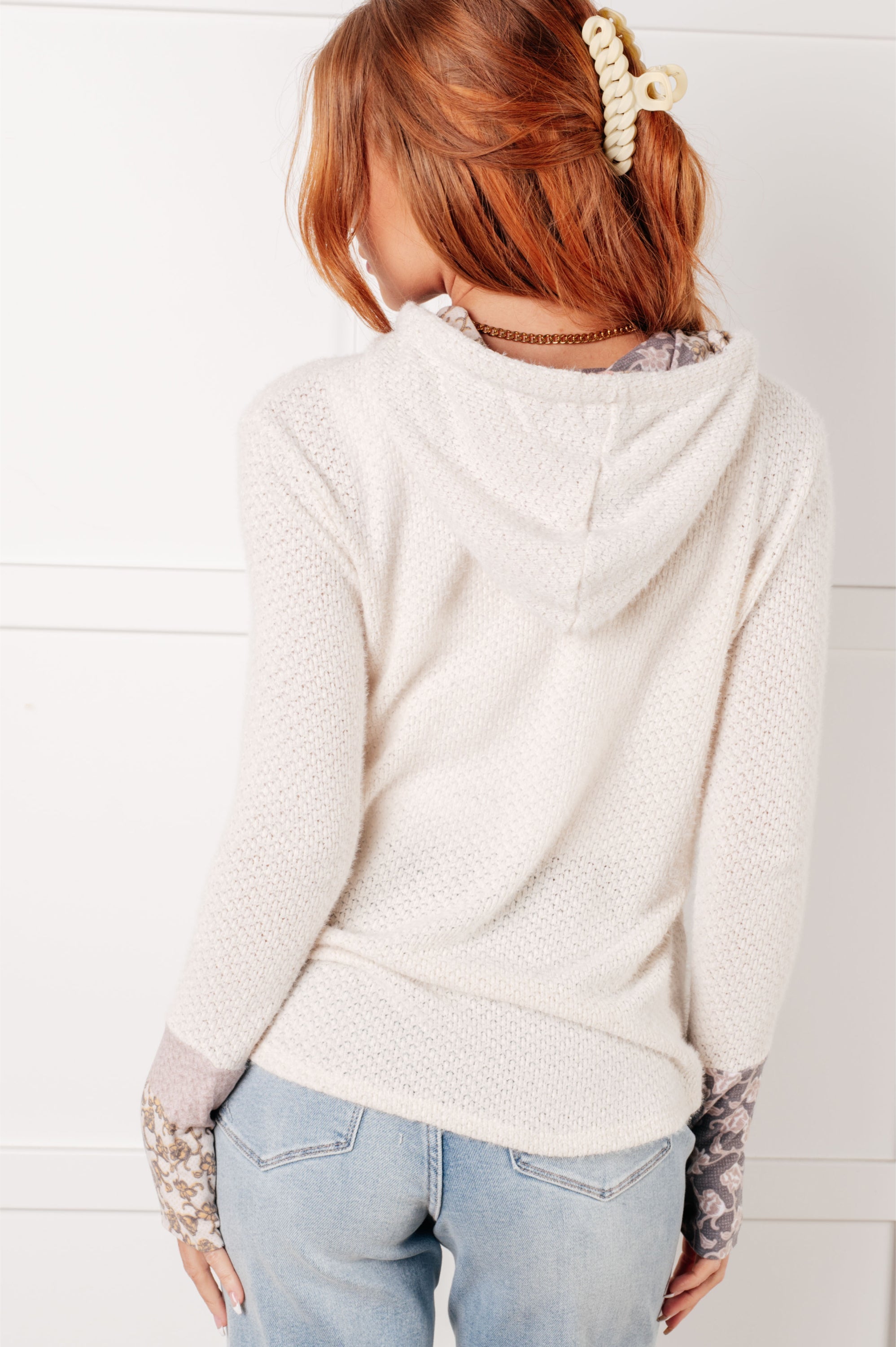 Floral Cuff Waffle Knit Hoodie