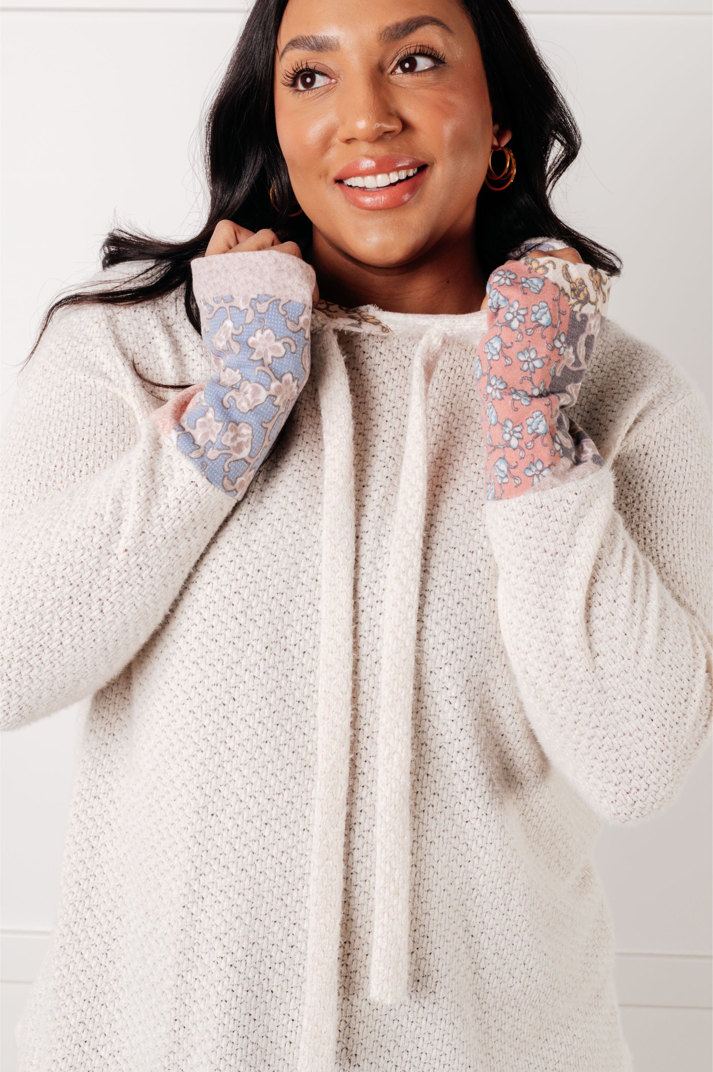 Floral Cuff Waffle Knit Hoodie