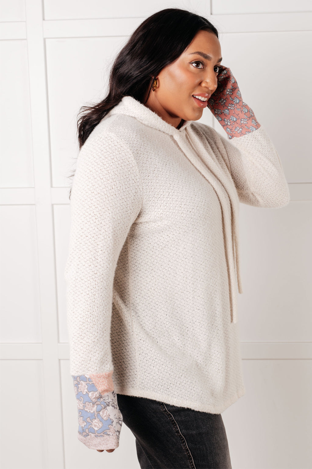 Floral Cuff Waffle Knit Hoodie