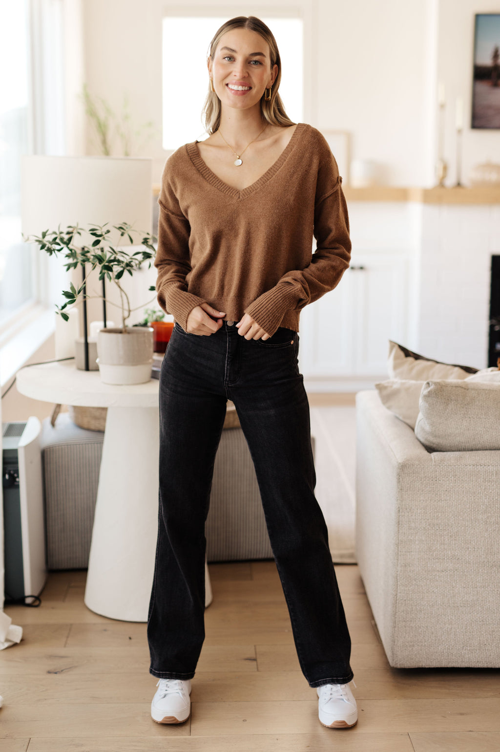 Warm Welcome V-Neck Sweater in Mocha