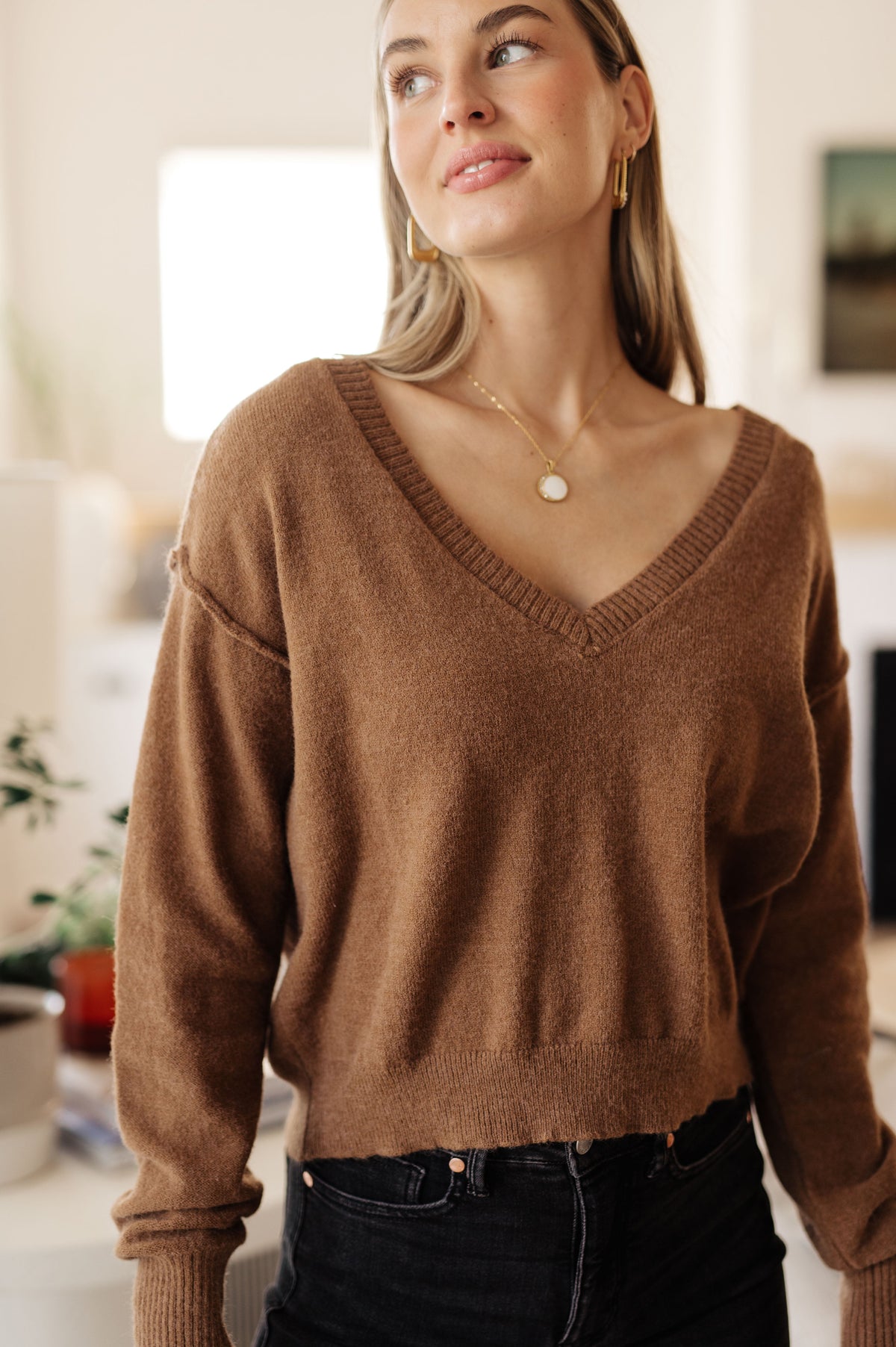 Warm Welcome V-Neck Sweater in Mocha