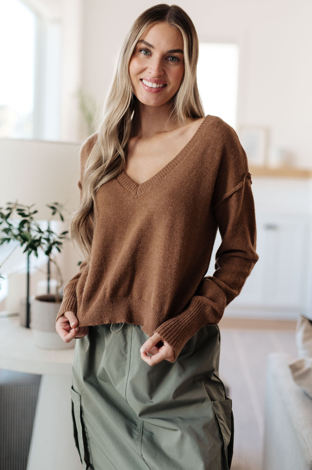 Warm Welcome V-Neck Sweater in Mocha