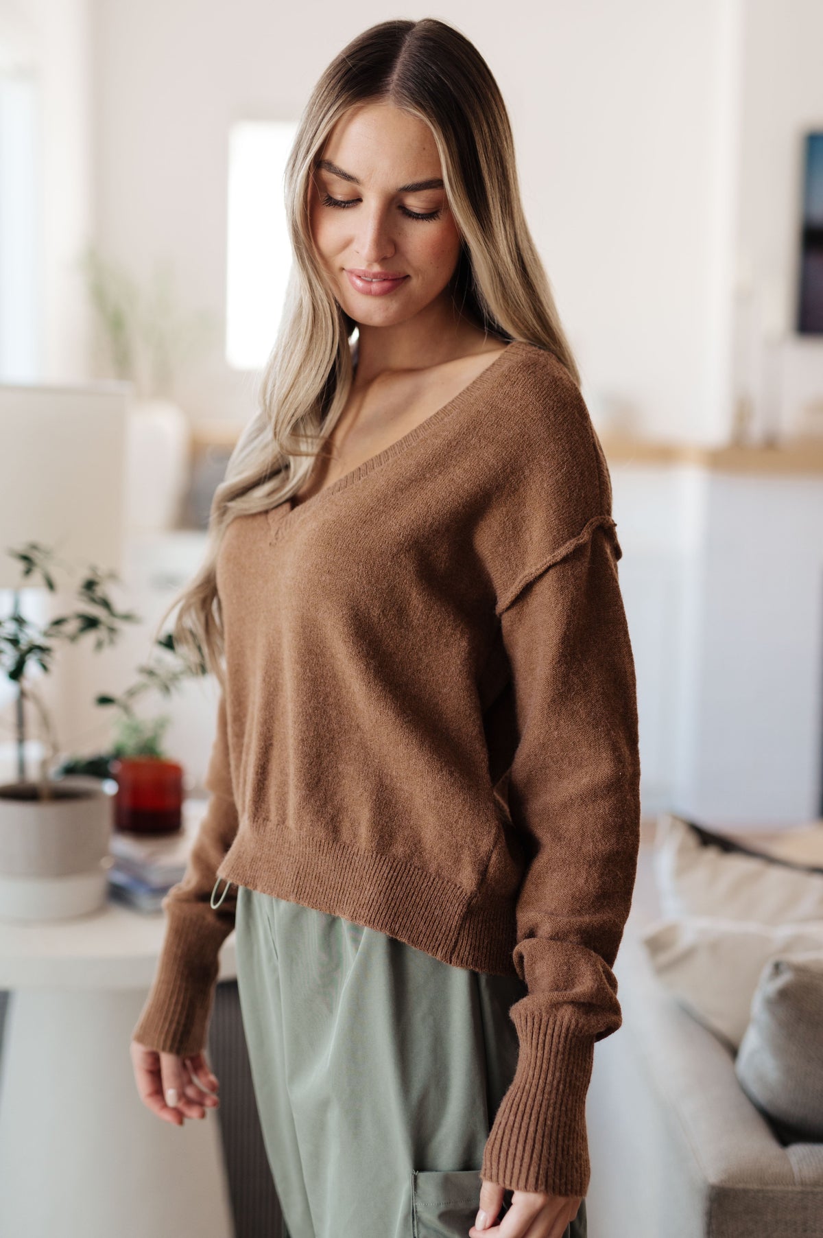 Warm Welcome V-Neck Sweater in Mocha
