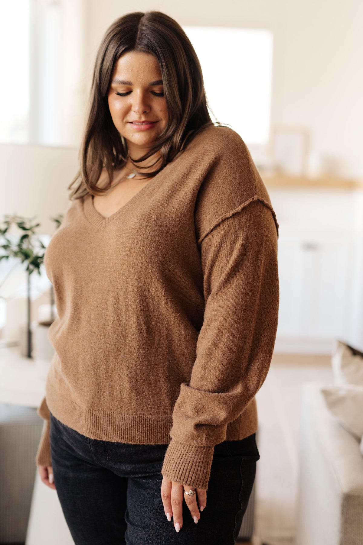 Warm Welcome V-Neck Sweater in Mocha